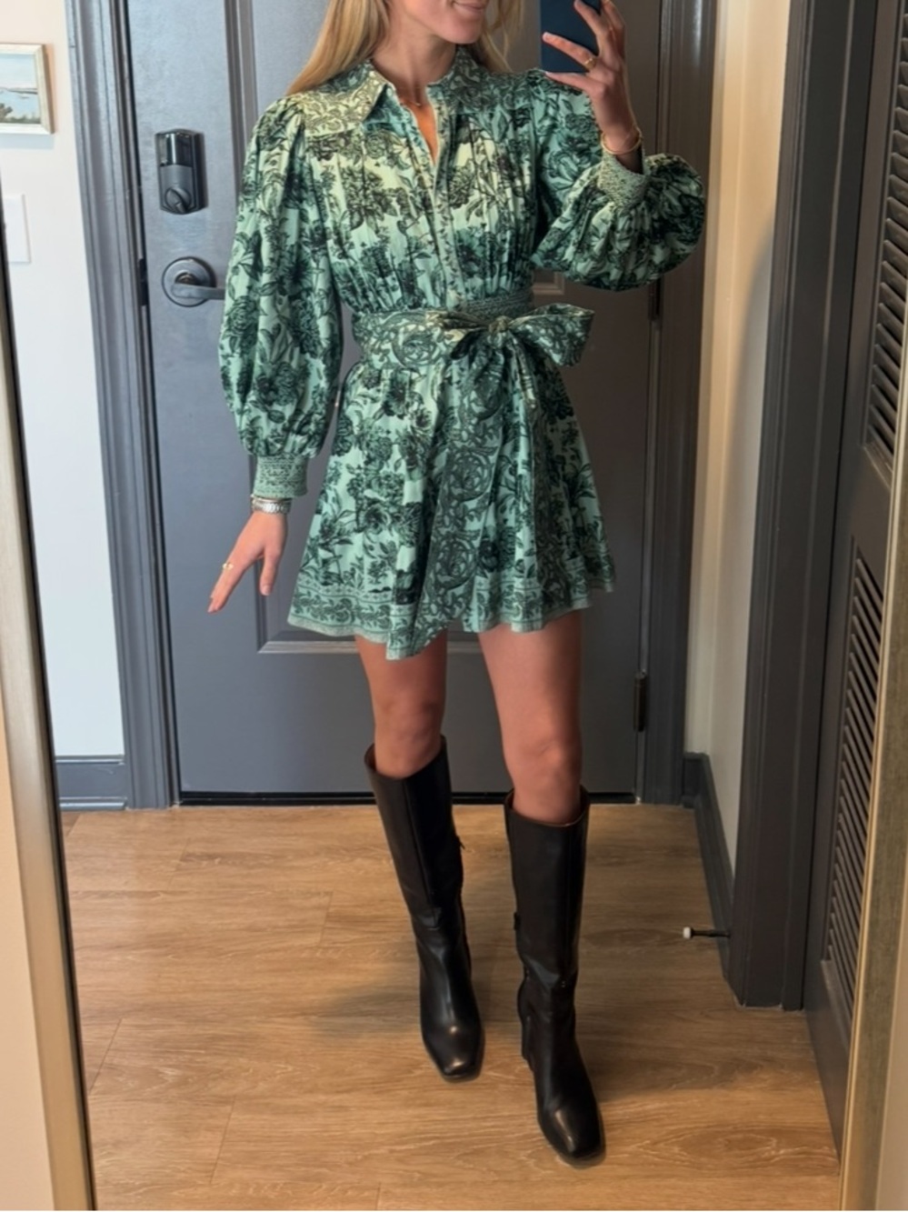 Alice + Olivia Mint Green Floral Long-Sleeve Tie-Waist Mini Dress